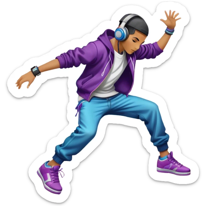 Icon for Street Dance: a dancer in urban streetwear performing a dynamic lower breakdance move, with a spray-painted background, headphones, and a boombox on the asphalt. The icon should capture the energy, style, and creativity of street dance culture. Transparent background. sticker