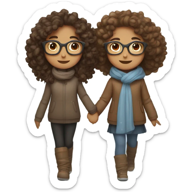 brown haired girl with glasses and brown haired girl with curly hair making snow angels holding hands  sticker