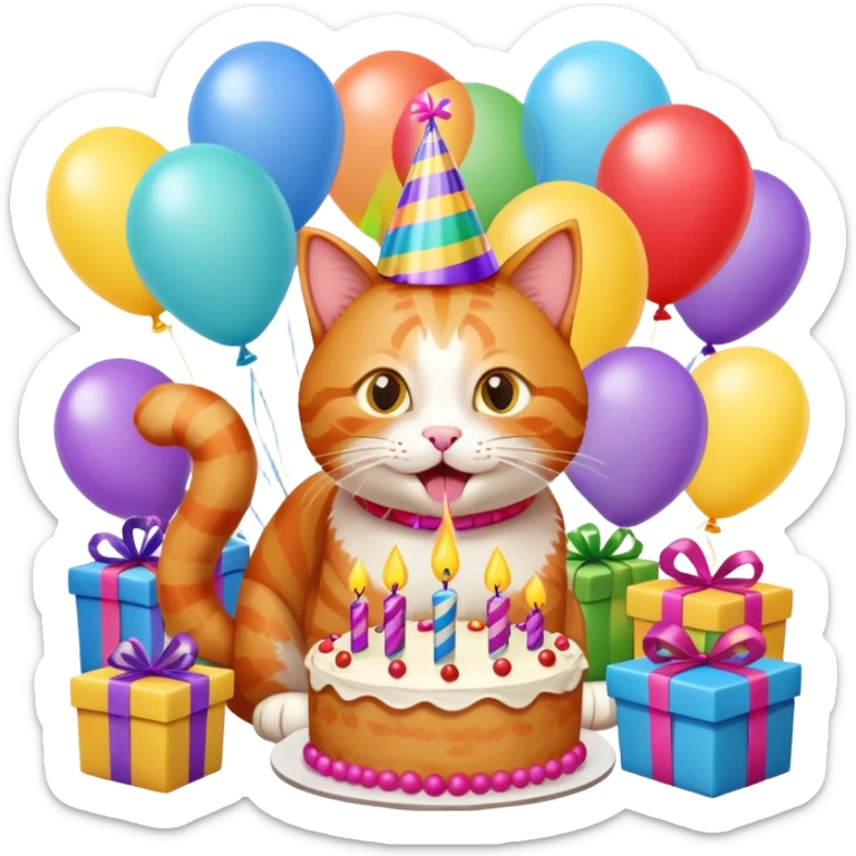 Ginger cat celebrates birthday, birthday hat, birthday cake, balloons, happy, gifts sticker