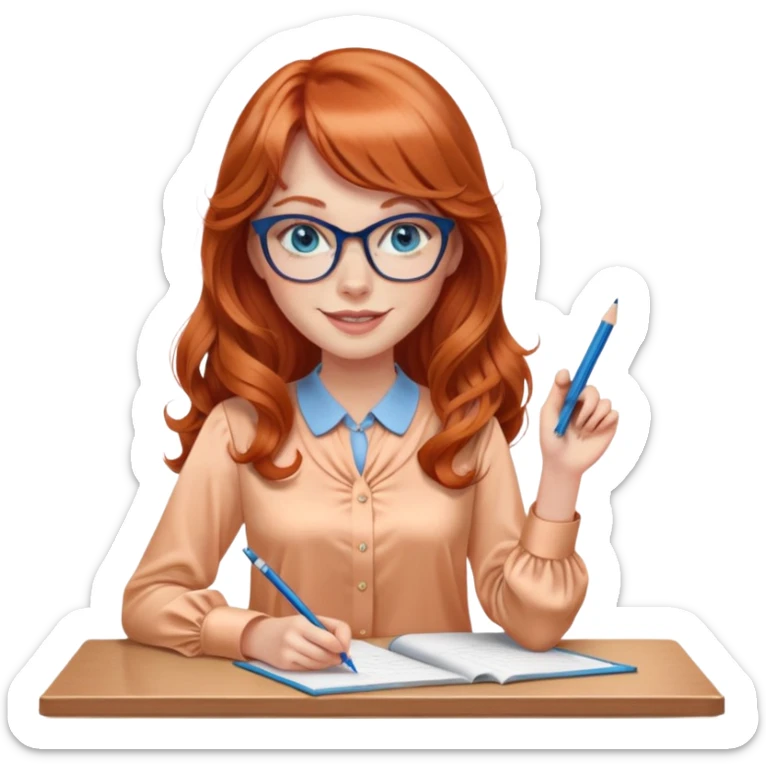 redheaded woman with very long wavy hair and bangs, blue eyes, clear cat-eye glasses, apricot silk blouse, pencil skirt, holding a pencil, smiling sticker