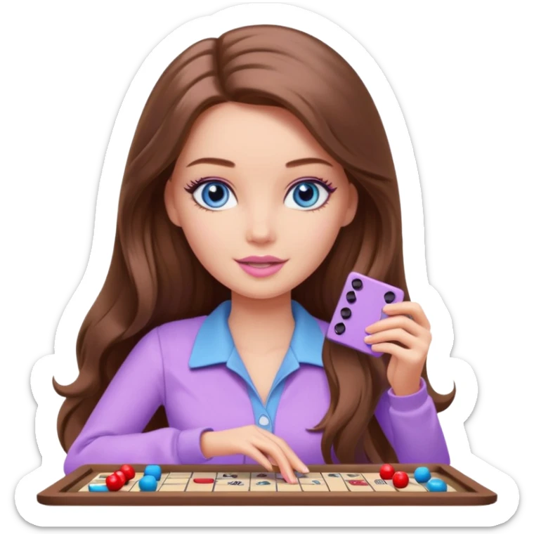 beautiful barbie girl with long brown hair, blue eyes and wearing light purple clothes playing board games sticker