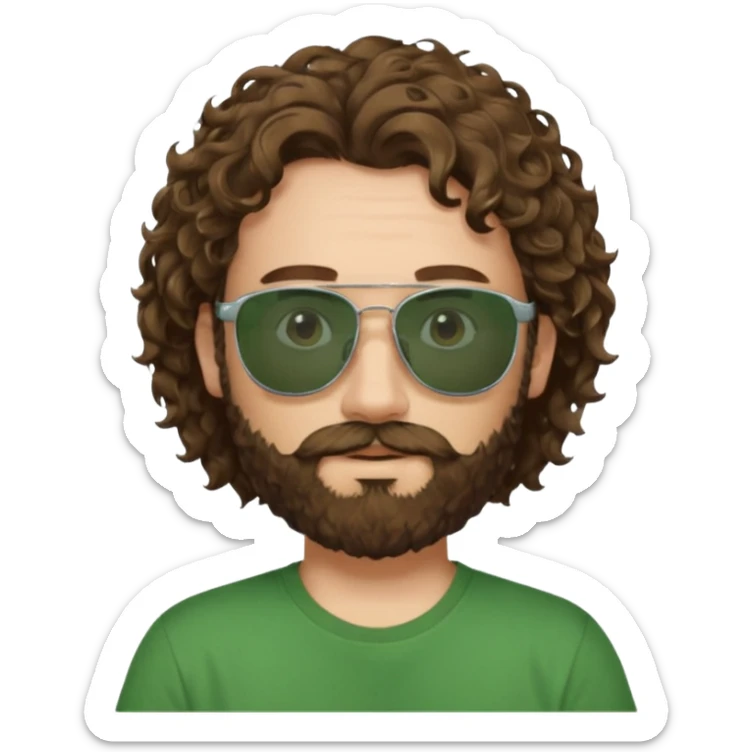 a self asured white male. brown hair. green t-shirt. blue background 5 days beard. sunglasses. longer curly hair sticker