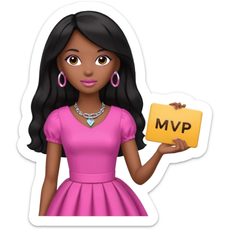 Black barbie, long black  hair, pink dress holding mvp sign  sticker
