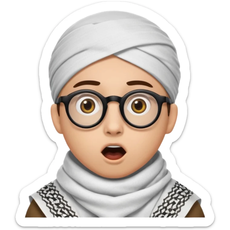 A person with light skin tone, wearing a traditional white keffiyeh with a black agal, large brown eyes, round glasses, and an open mouth showing a surprised or shocked expression. sticker