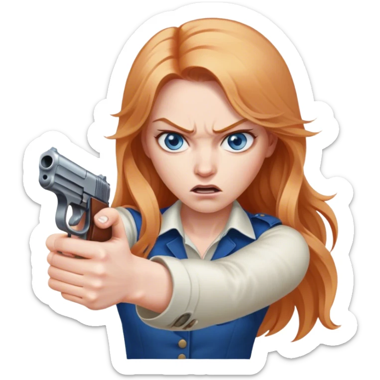 woman with long strawberry blond hair and blue eyes pointing gun and looking mad sticker