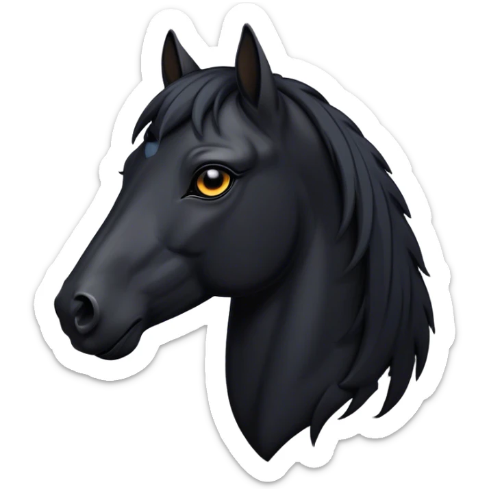 Cinematic Noble Black Horse Portrait Emoji, Poised and regal, with a strong, athletic build and a sleek, well-groomed jet-black fur, deep-set soulful dark eyes, Simplified yet sharp and sophisticated features, highly detailed, glowing with a soft, dignified glow, high shine, intelligent and commanding, stylized with an air of mysterious grace, focused and attentive, soft glowing outline, capturing the essence of a watchful and confident steed, so majestic it feels as though it could gallop out of the screen with effortless authority! sticker