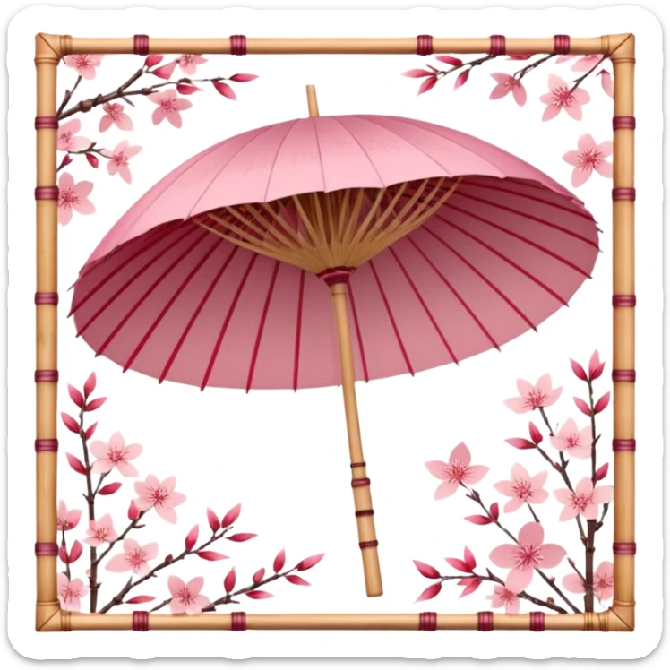 Sakura-themed Japanese wagasa parasol, pink and red washi paper, cherry blossom patterns, delicate floral design, bamboo frame, traditional Japanese style, aesthetic, elegant, no humans, pastel color palette sticker