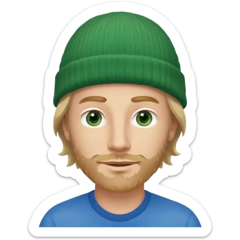 white man, mid thirties, blue eyes, mid length wavy hair, green beanie hat, stubble, face only sticker