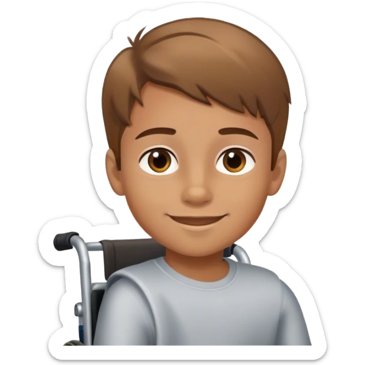 young boy with light brown hair andbrown eyes in wheelchair smiling sticker