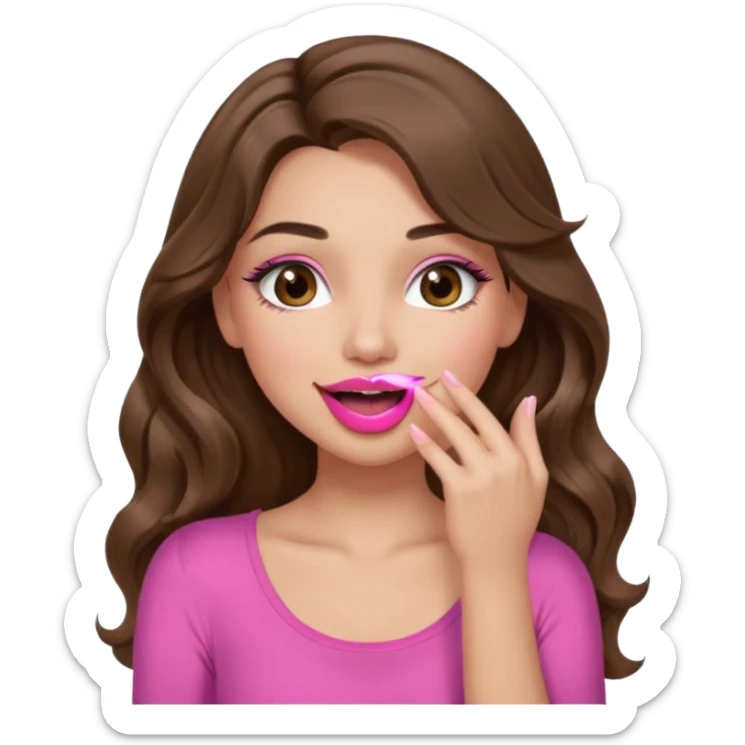 girl with long wavy brown hair, brown eyes, long lashes makeup, sexy pink lips, light to medium complexion, wearing a pink sexy top, sexy, giggling hand covering mouth sticker