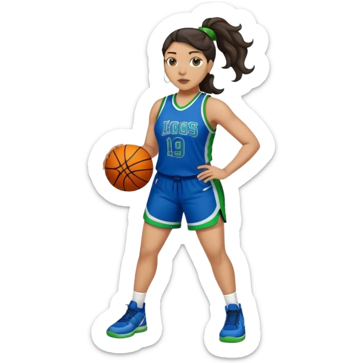 full body plus size light skin  latino women basketball player with wavy dark hair in pony tail wide nose wearing blue uniform with green accent sticker