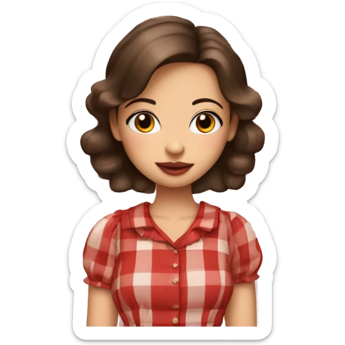 Pretty peach skin brunette woman with rosy cheeks in red plaid babydoll dress sticker