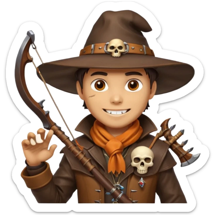 male human monster hunter emoji, wearing brown leather coat and wide hat, holding crossbow, with amulet shaped like skull, Halloween fantasy theme, confident smile, orange scarf, Apple emoji style, clean white background, square image sticker