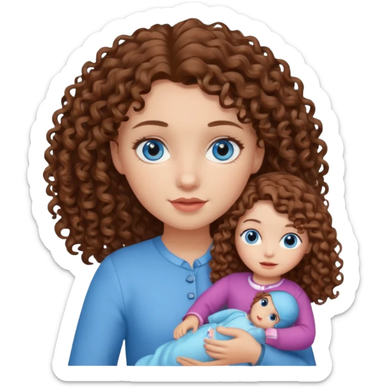 Una niña con ojos celestes y pelo rizado con piel blanca y con una muñeca  sticker