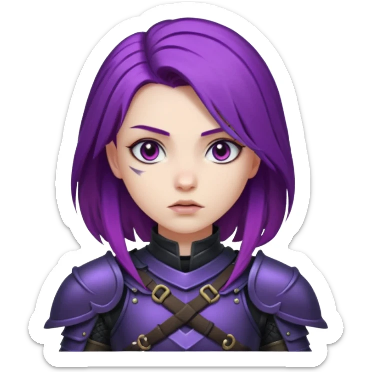 mysterious warrior girl with flowing purple hair, dressed in black armor, looking determined sticker