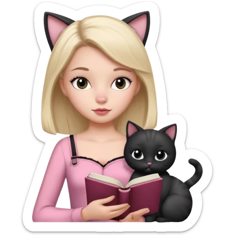 Menina branca 16 anos olhos pretos ,cilios grandes, boca carnuda ,nariz pequeno ,cabelos até a cintura ,vestido rosa de alça, lendo um livro com um gato preto e branco  sticker