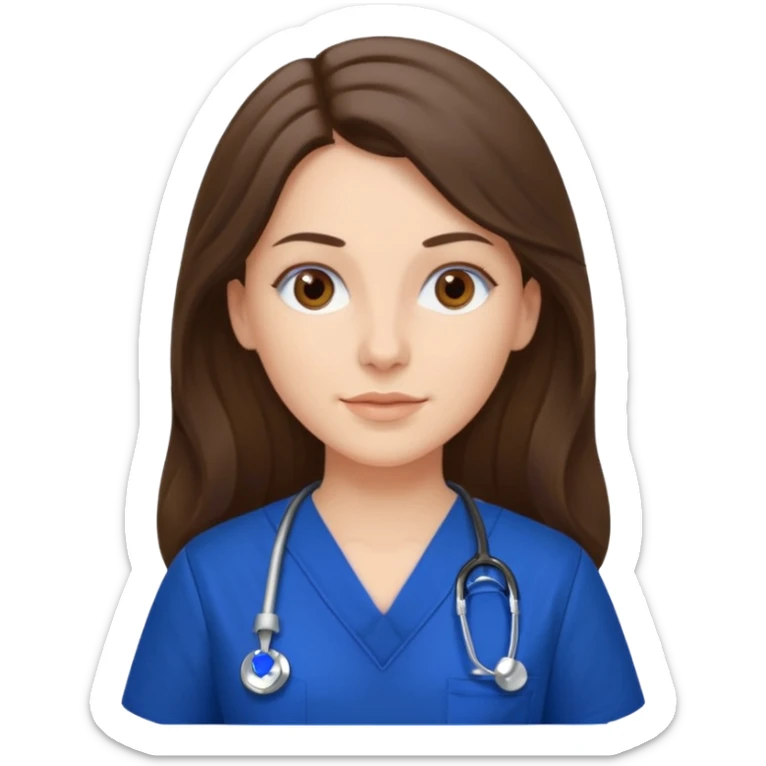Nurse, white woman, long brunette hair, brown eyes, royal blue scrubs sticker