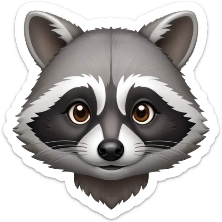 Cinematic-Noble-Raccoon-Portrait-Emoji – Poised and confident, with a sturdy build and a beautifully textured fur of silver-grey accented by dark black facial markings, deep-set, intelligent brown eyes, simplified yet sharp and sophisticated zoom out to show shoulders sticker