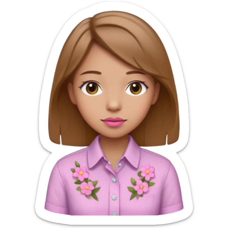 A girl with light pink lipstick light brown hair wearing a button up with little flowers that are pink sticker