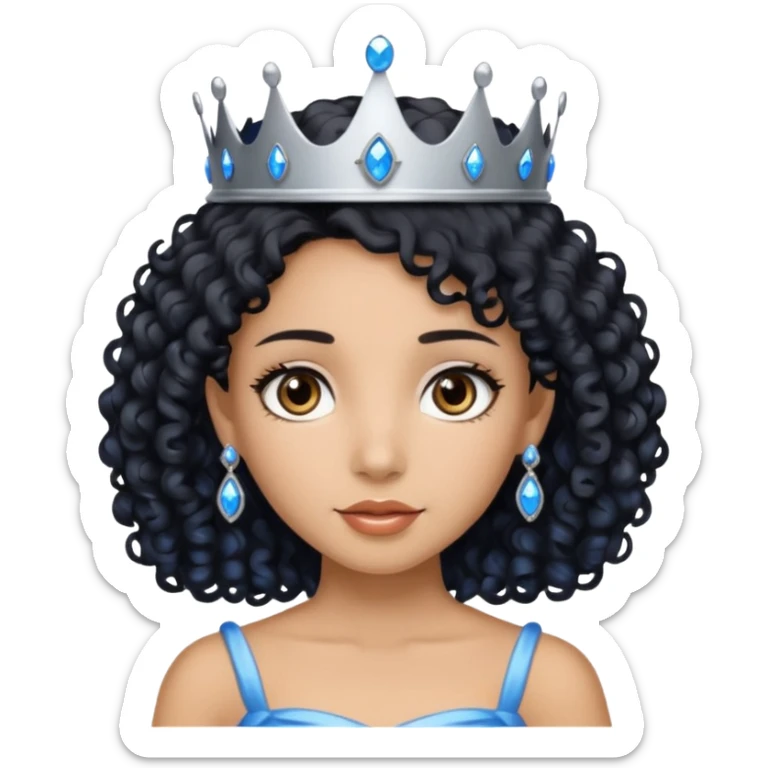 Por favor hazme el emoji de la princesa pero con piel canela con el pelo negro y rizado, los ojos marrones y la corona plateada con jollas azules sticker