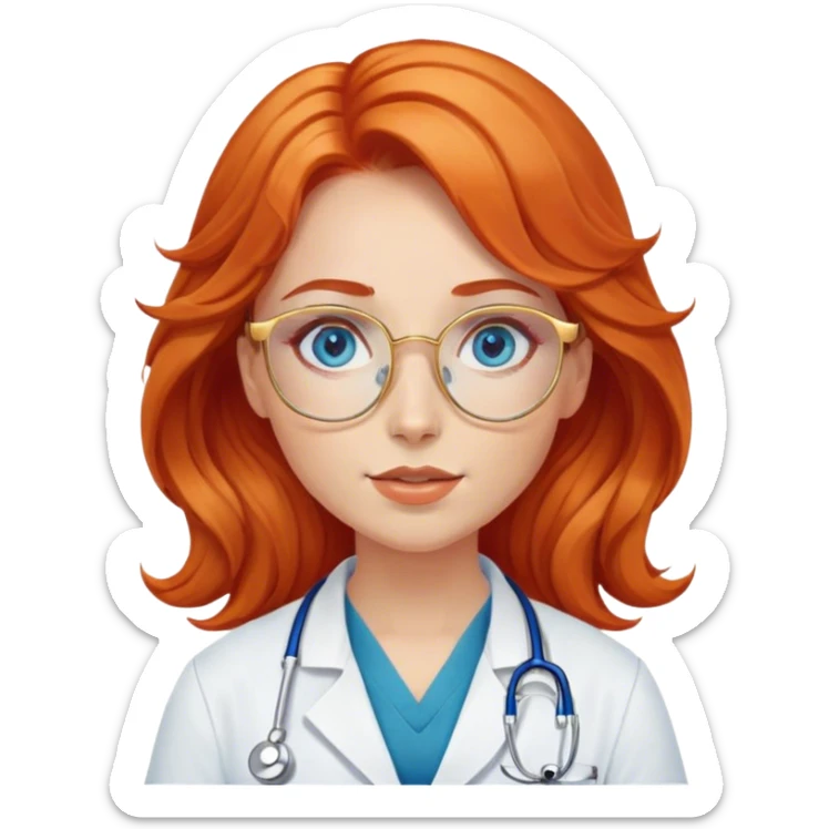 Girl doctor wavy orange red hair blue eyes in gold glasses  sticker