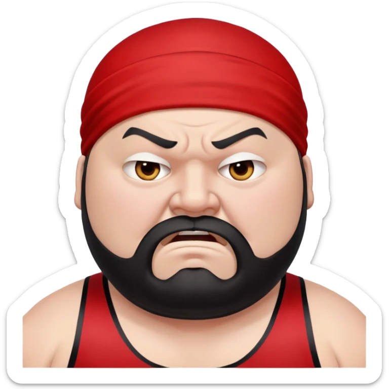 Extreme close-up of face of morbidly obese white skin guy with young face, prominent BLACK DURAG tied clearly on head, black beard but no mustache, clean shaven upper lip, black eyes in a red and black wrestling singlet with angry expression sticker