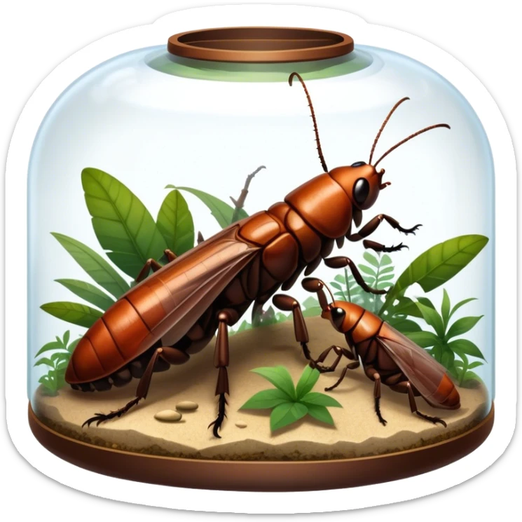 Close-up of giant Madagascar hissing cockroaches, butterflies, and stick insects inside a terrarium, with detailed textures of their bodies, wings, and legs. Soft lighting highlights their features. Transparent background. sticker