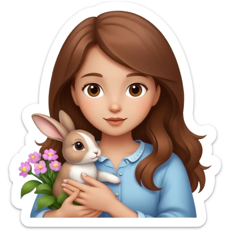 A beautiful brown-haired girl holding a little rabbit in the flowers sticker