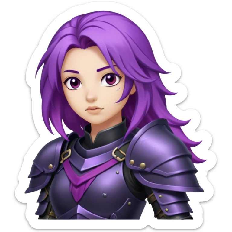 A mysterious warrior girl with flowing purple hair, dressed in black armor. sticker