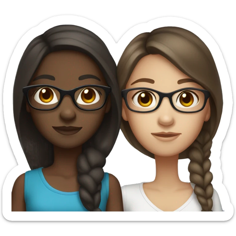 two girls, one dark-skinned, brunette with glasses and brown eyes. the other light-skinned, dark brown hair, with blue eyes sticker