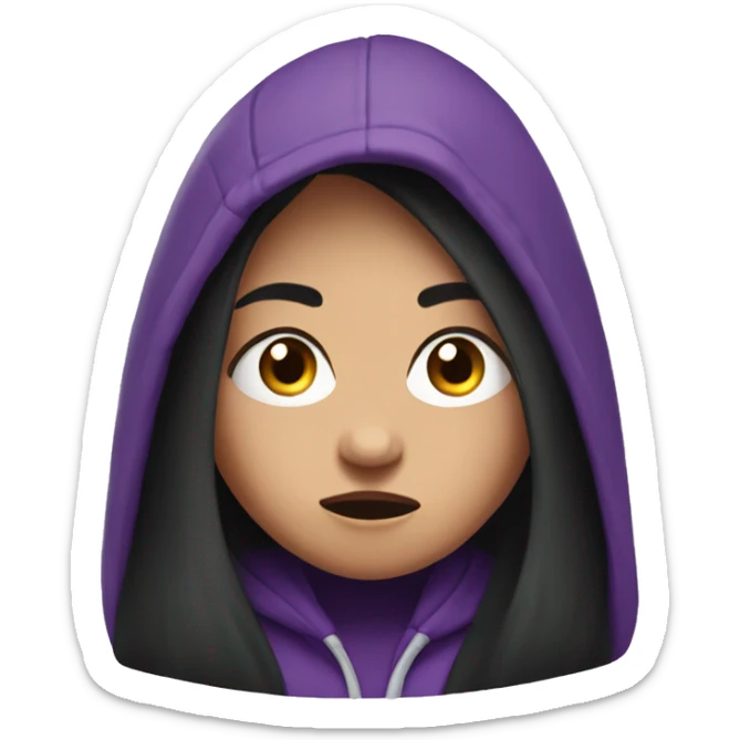 girl with long black hair, purple eyes, and purple hoodie looking scared sticker