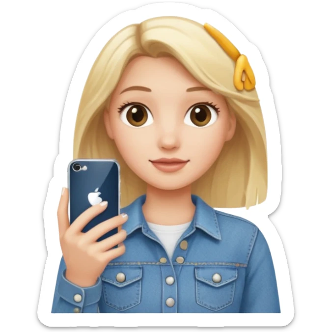 A blonde pretty girl wearing a denim skirt holding an iPhone 16 sticker