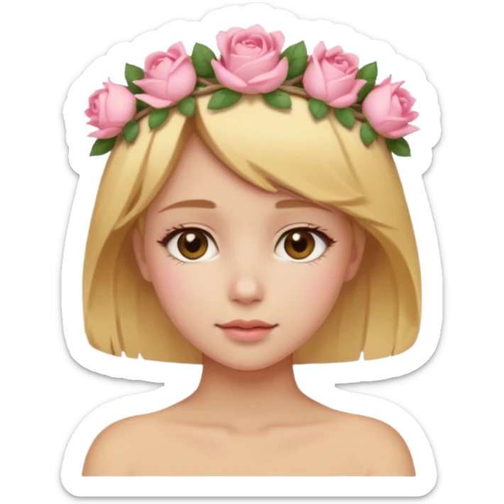 Light golden skin female, short honey-blonde hair, wearing a soft pink rose crown. sticker