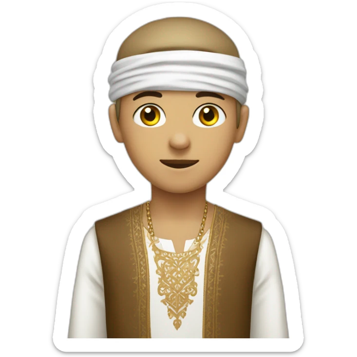 Boy wearing  white dress for male with a little Ornate collar   and wearing Embroidered light brown keffiyeh Blindfolded on his head  sticker