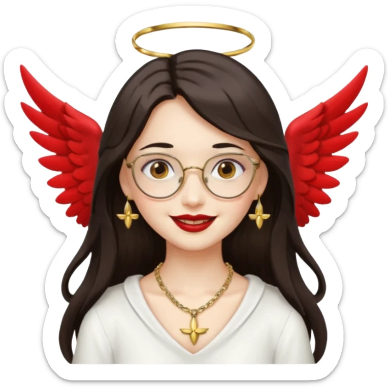 Angel girl with eyeglasses and Middle parted hair long dark hair with red lipstick  and push gold necklaces and dark eyes with withe wings and smile with withe teeth sticker