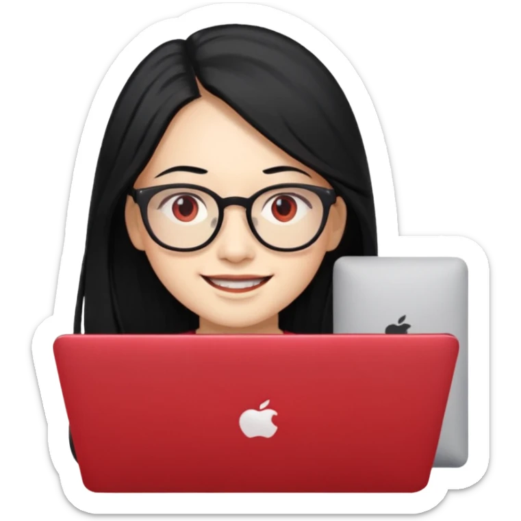 filipino long hair black fair skin with red eyeglasses freelancer with MacBook, smiling. sticker
