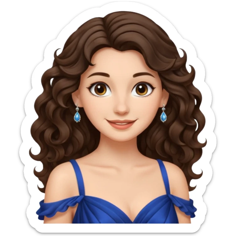 a beautiful brunette wavy flowy hair princess wearing a gown with elegant piercing and smile gently  sticker
