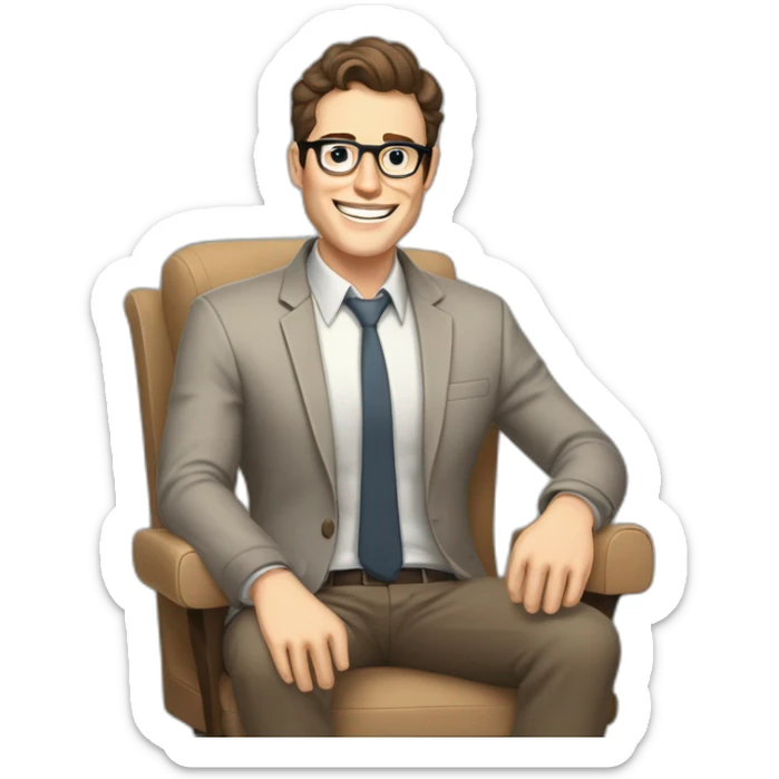 Joyful Celebrating victory Hands up Pale skinned Fit Man With dark brown hair in gray jacket, beige office shirt, Brown pants and vintage glasses sitting In a soft chair sticker