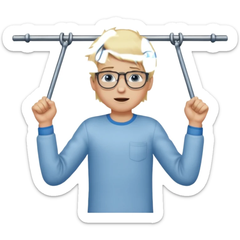 Wygeneruj mi emotke chłopaka o włosach blond z niebieskimi oczami w okularach, który podciąga się na drążku sticker