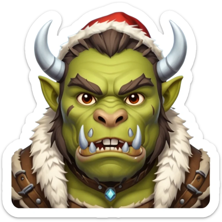 Fantasy Christmas orc beast tamer icon, winter wildlands theme, animal fur details, primal strong face, snowy wilderness atmosphere, stylized emoji portrait, male/female variant
 sticker