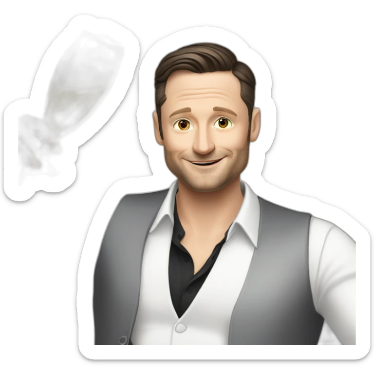 tim robinson dark black slicked back hair white shirt with a light grey vest spraying champagne sticker