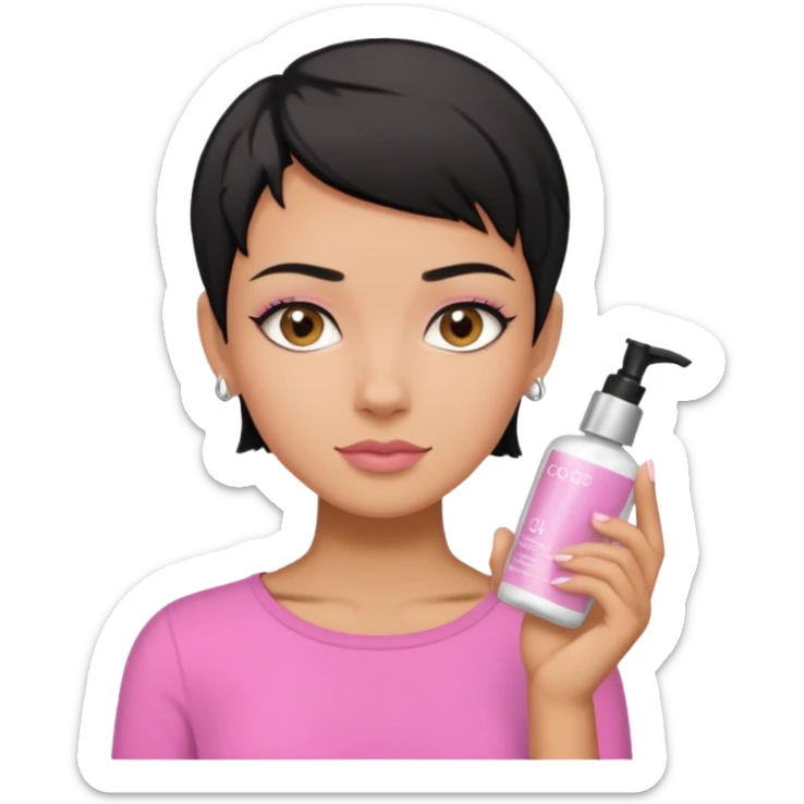tan girl pink shirt with black hair & a pixie, cut no earrings, doing skin care sticker