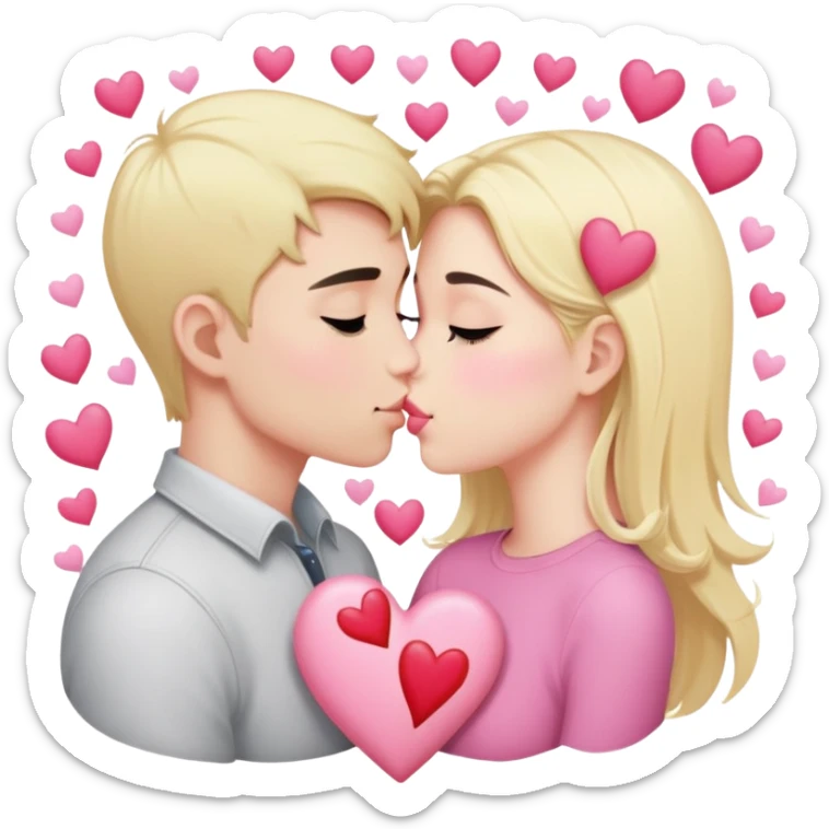 Couple of blonde girl and white boy with black hair is kissing with a lot of hearts around them sticker