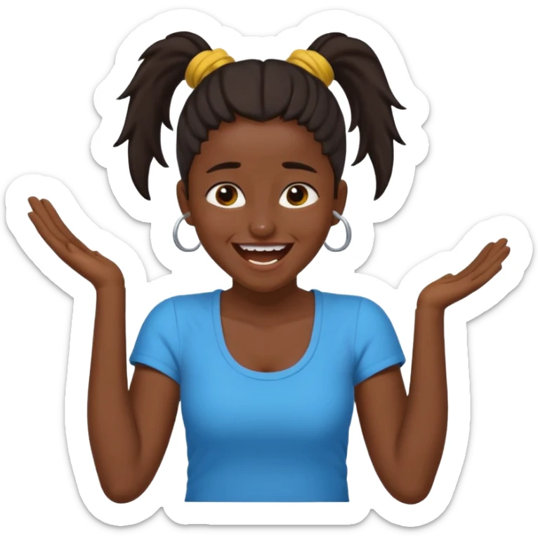 Baiza Ethiopian, dark hair Oldest but immature, no filter, funny Pose: laughing wildly, arms flailing age 21, hair in pony tail sticker