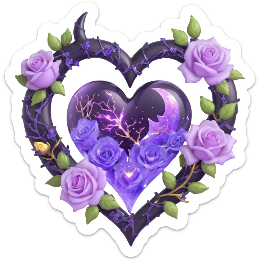 gothic heart made of pale purple glass, silver crescent moon, glowing lavender roses, holographic stardust, neon gold lightning, wet and cracked glass sticker