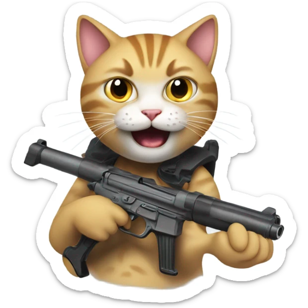 a cat holding a gun, and speak super loudly: what do you want!? sticker
