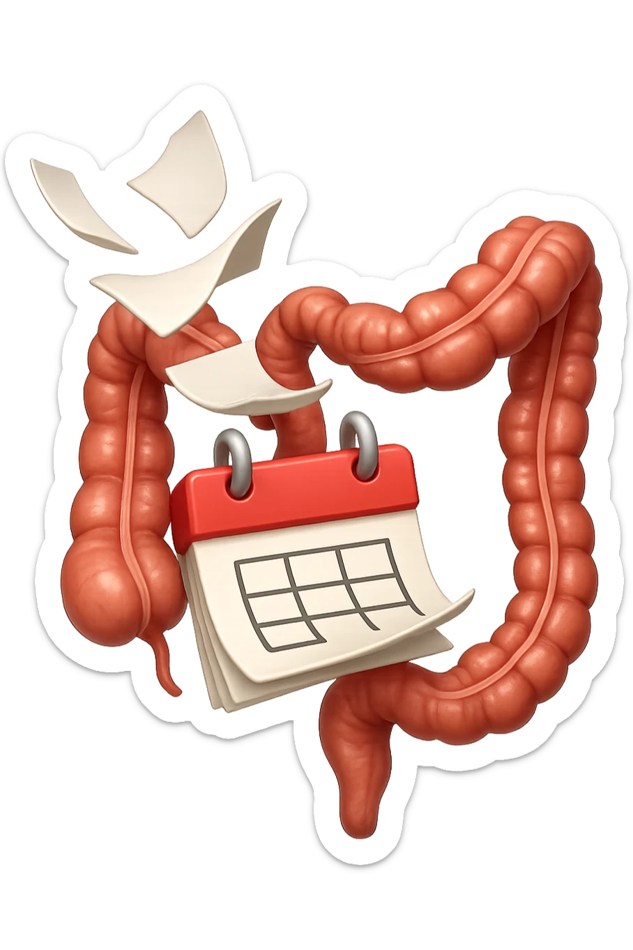 emoji stile iphone di un calendario con fogli che volano insieme a pezzi anatomici di colon umano, iperrealistico 4k, isolato su sfondo bianco sticker