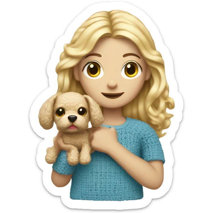 Blond hair girl with a little crochet dog in her arms  sticker