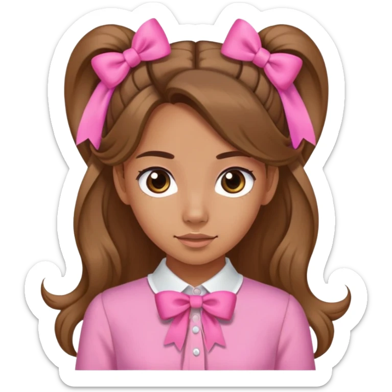 A medium tanned skin girl, long hair with pony hairstyles, pink bow at the both sides, wearing pink blouses  sticker