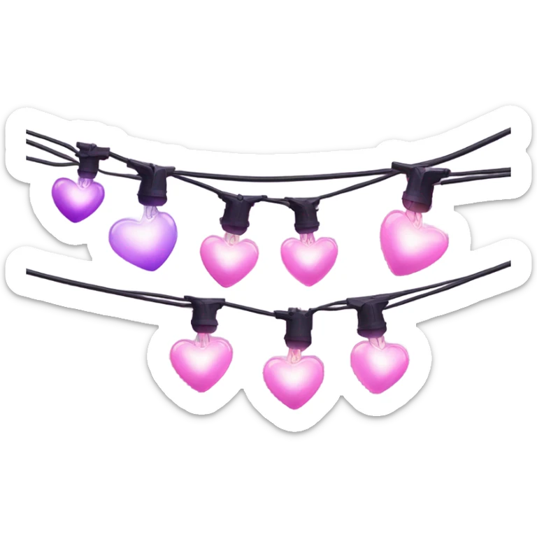 Realistic string lights with pink and purple bulbs in the shape of a heart and a power plug in on the end of the lights. sticker